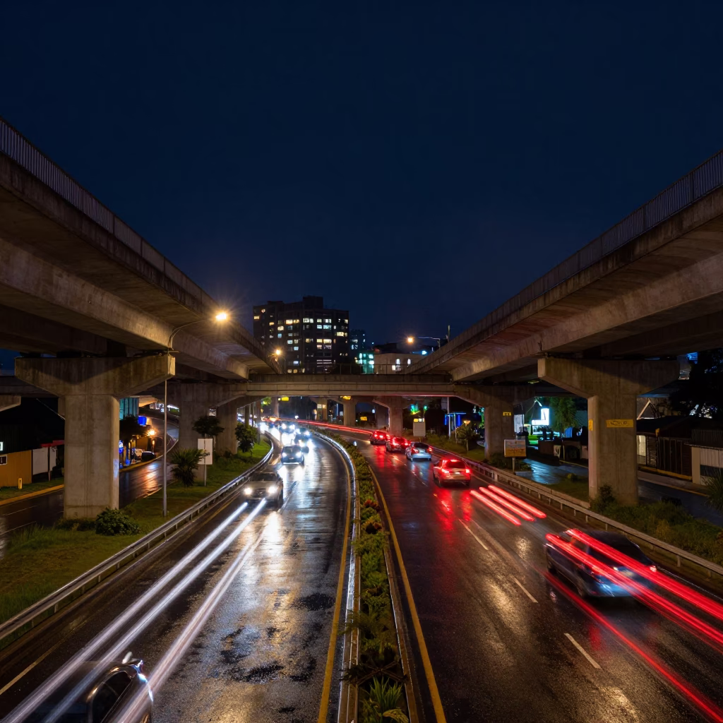 Night Scene in Valparaiso Chile Underpass Interchange Glowing Taillights After Rain in in Valparaiso, Chile