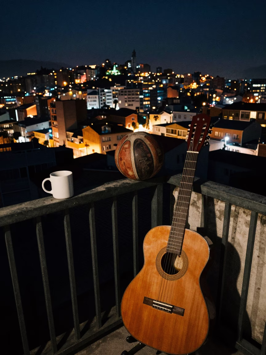 Night scene in Valparaiso Chile with guitar and mug on balcony in in Valparaiso, Chile