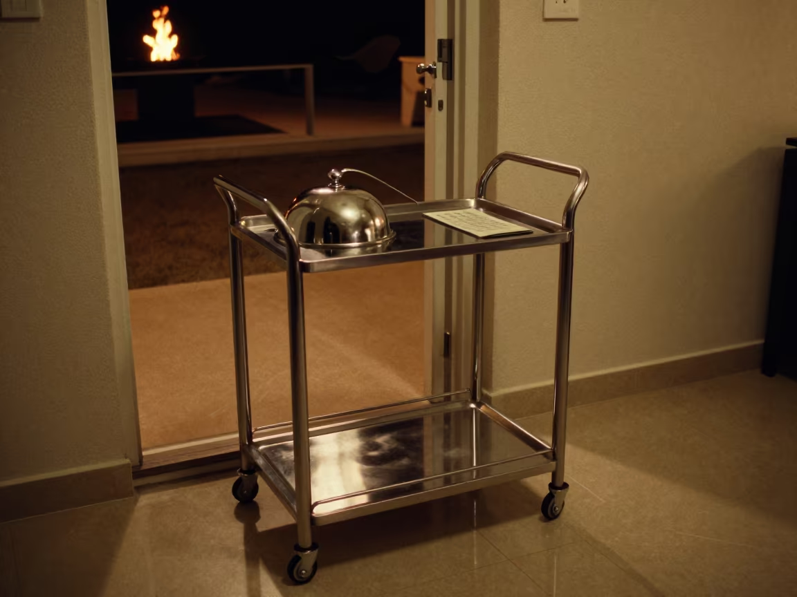 Night Service Cart Outside Antalya Guest Room Door in at a reception desk under warm light in Antalya