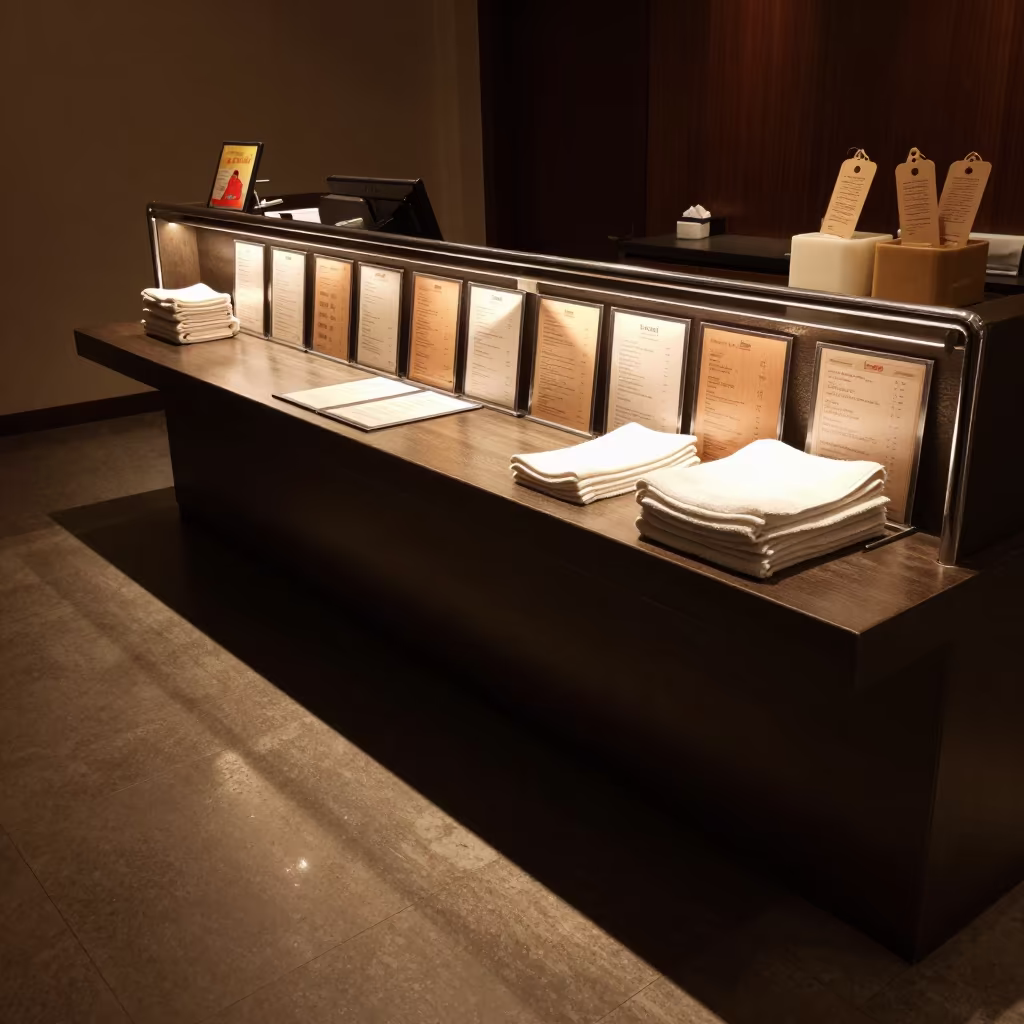 Night Service Pillow Menu Rail at Nanjing Hotel Desk in at a reception desk under warm light in Nanjing