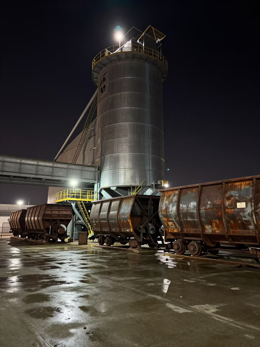 Night Shift Barrel Lift Beside Slag Cars in inside a grain elevator near Manama