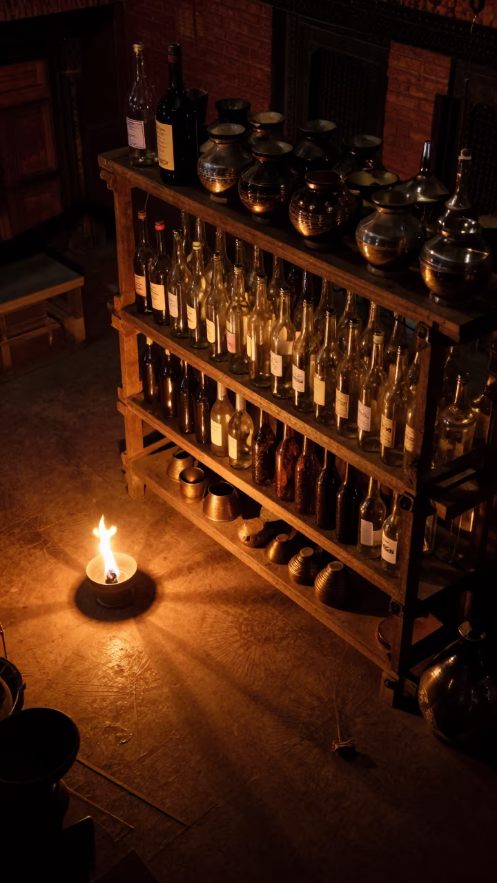 Night Shift Bottling Plant Shelf Kathmandu in on a workshop shelf in Durbar Square, Kathmandu