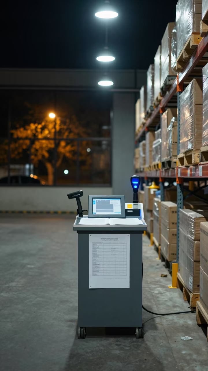 Night Shift Inventory Count Station in Warehouse Aisle in inside a warehouse aisle near Satna