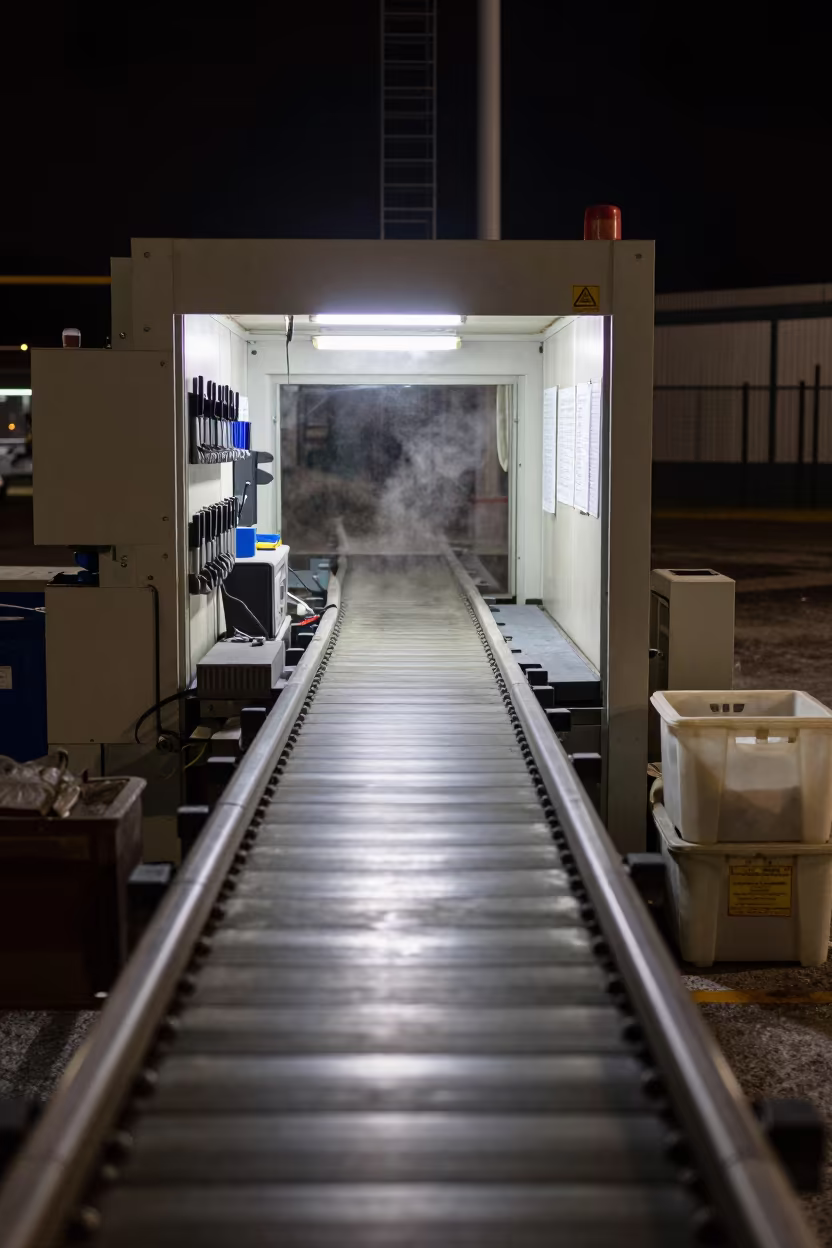Night Shift Tote Conveyor Bay Zonguldak Winter in inside a chilled distribution bay near Zonguldak