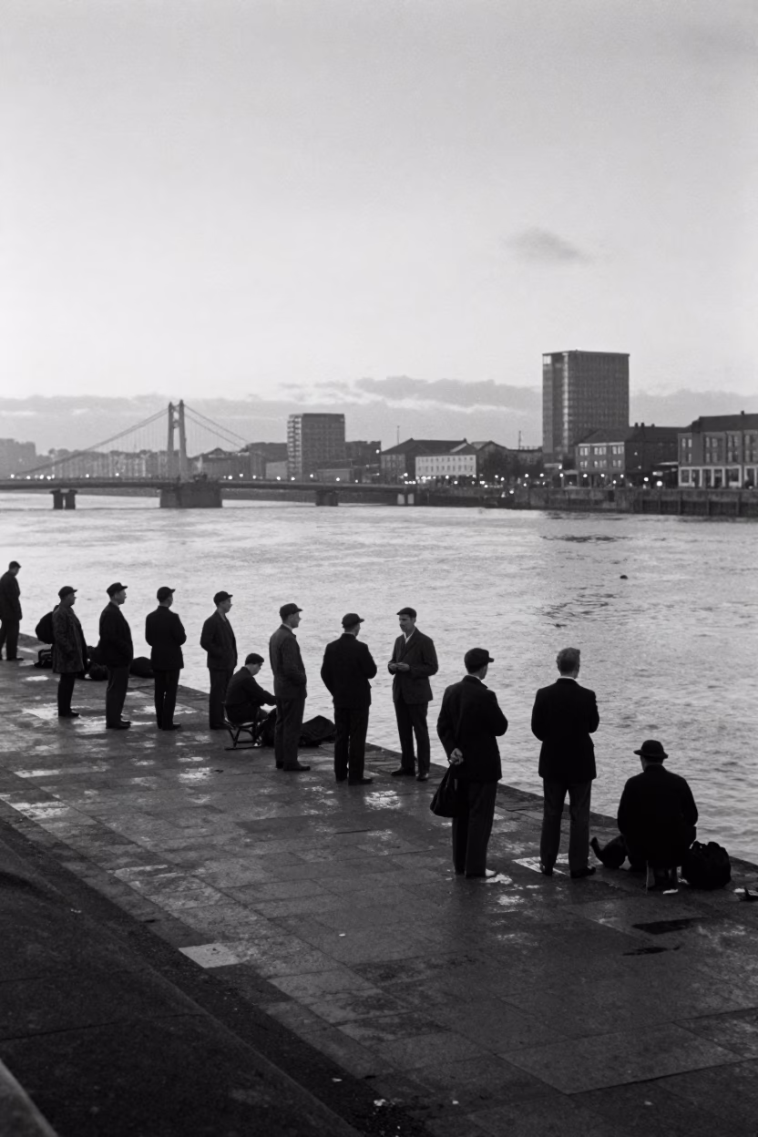 Night Shift Workers Gathering Near Harbourside Docks in Bristol Before Dawn in in Bristol, United Kingdom