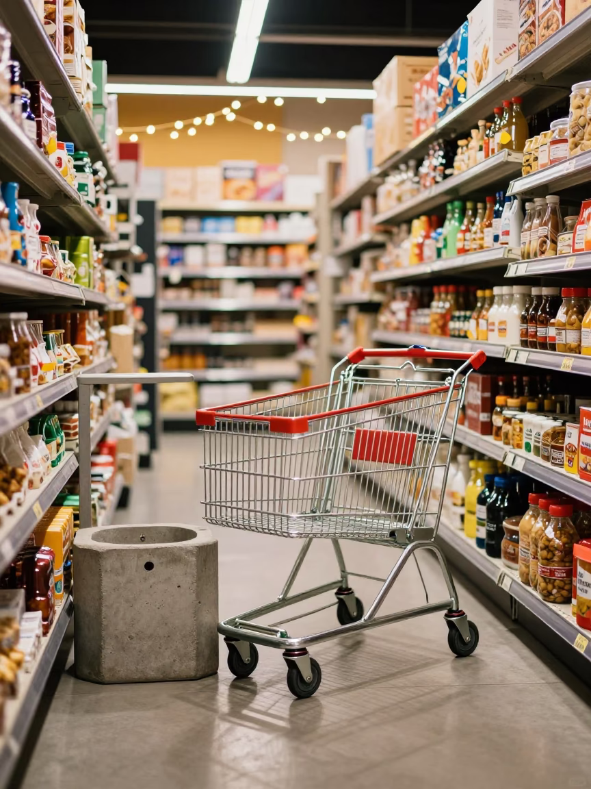 Night Shopping Cart in Galle Retail Aisle in inside a bright retail aisle in Galle