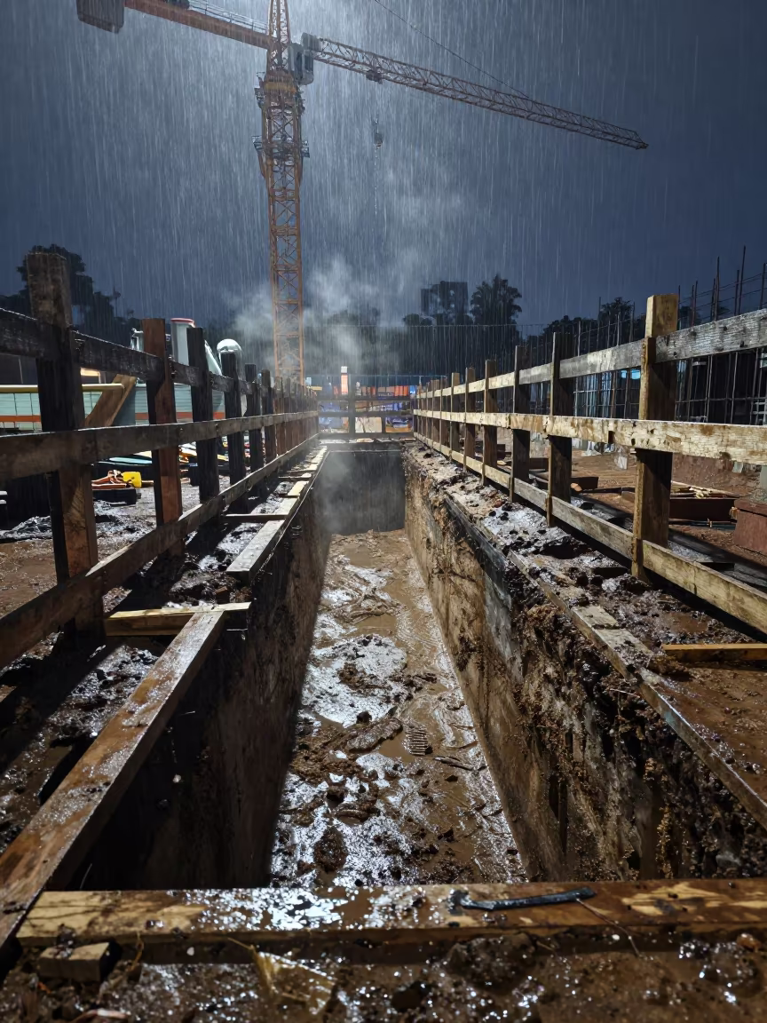 Night Shoring Under Tower Crane in Cameroon in beneath a tower crane on open ground in Cameroon