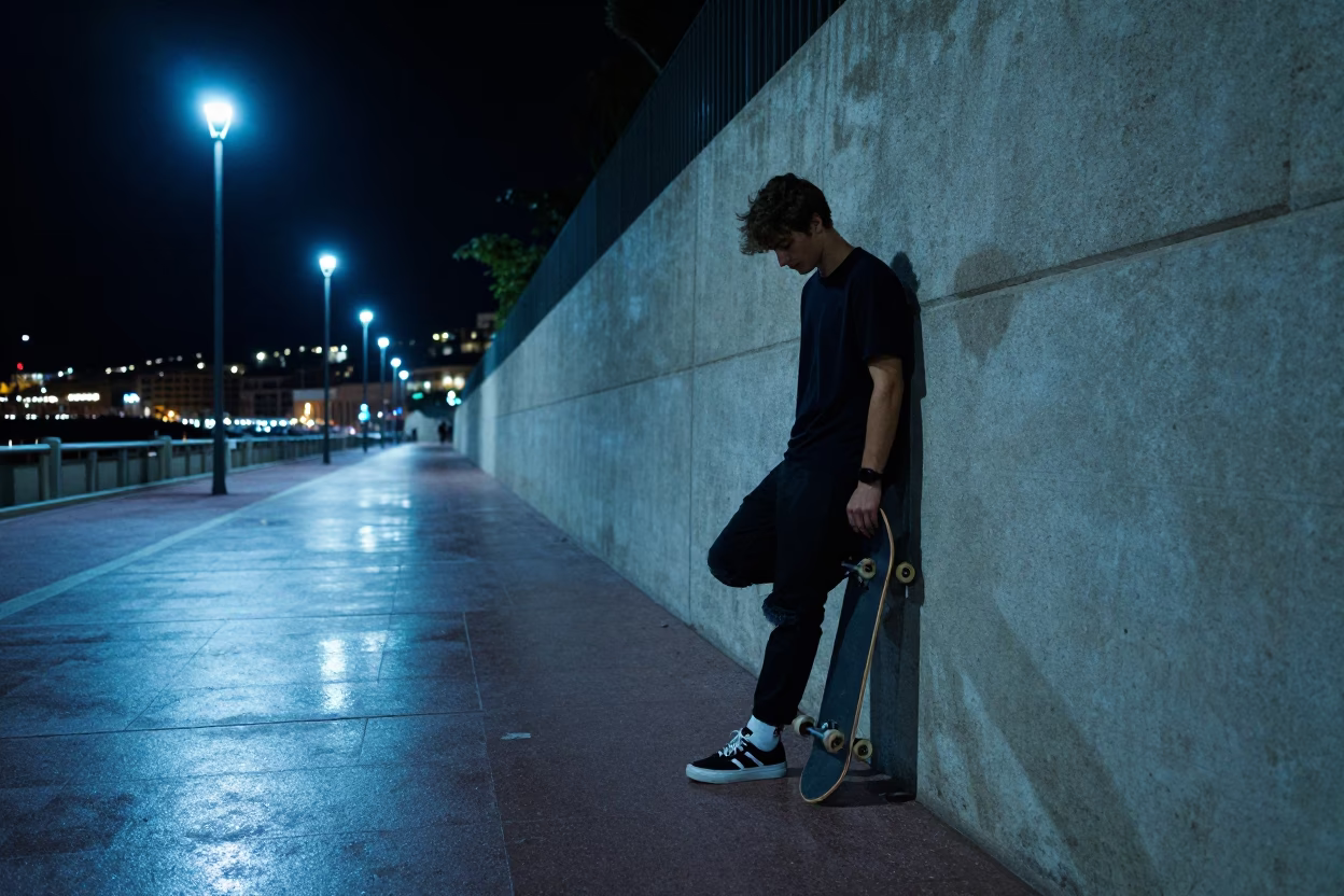 Night Skateboarder in Nice at Deep In The Night Light in in Nice, France