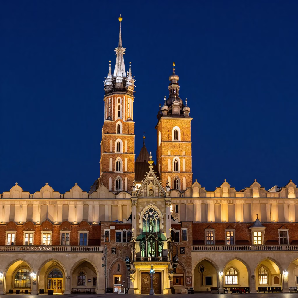 Night Sky Above Krakow Main Market Square Historic Architecture and Urban Landscape in in Krakow, Poland