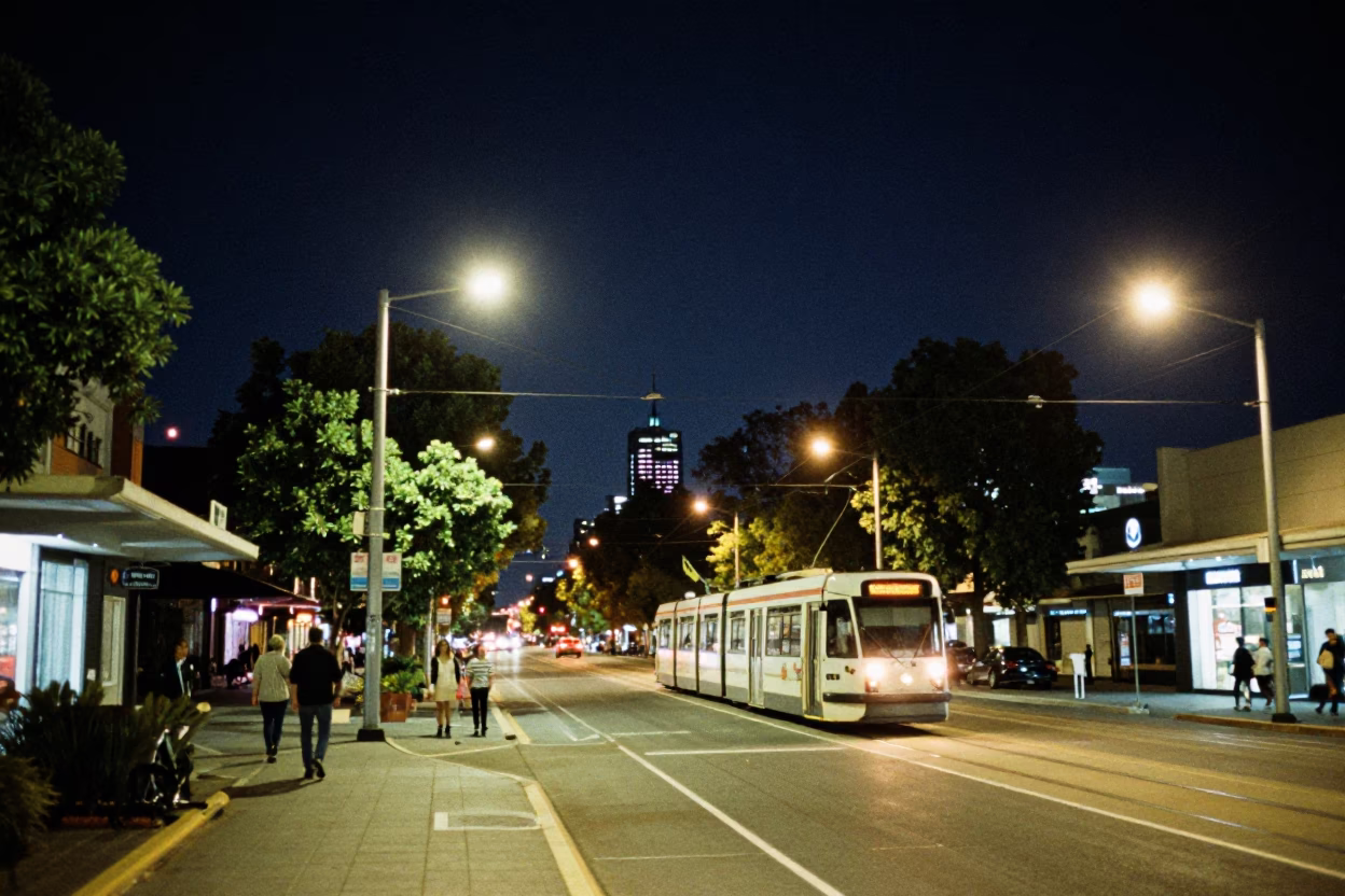 Night Sky Above Perth Western Australia Street Scene with Tramcar and Constellations in in Perth, Western Australia, Australia