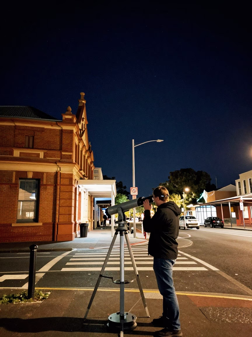 Night Sky Over Adelaide South Australia Street Scene with Telescope and Brass Details in in Adelaide, South Australia, Australia