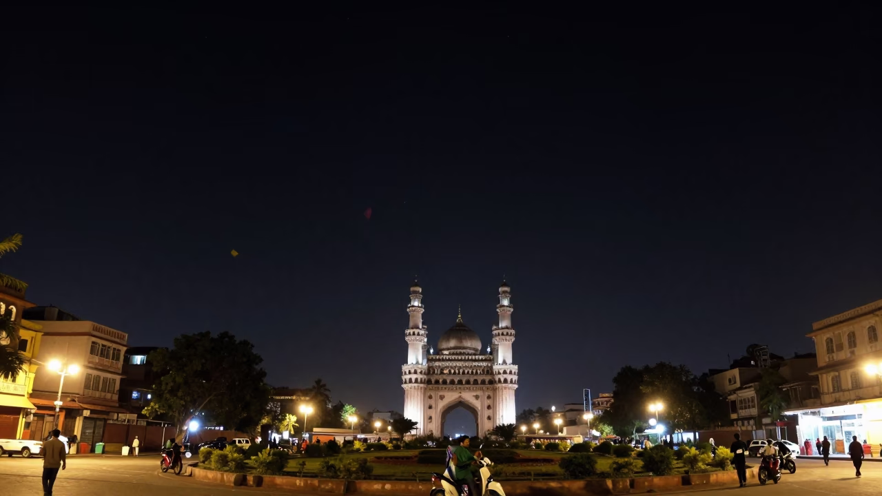 Night Sky Over Hyderabad Street Scene with Kites and Local Life in in Hyderabad, India