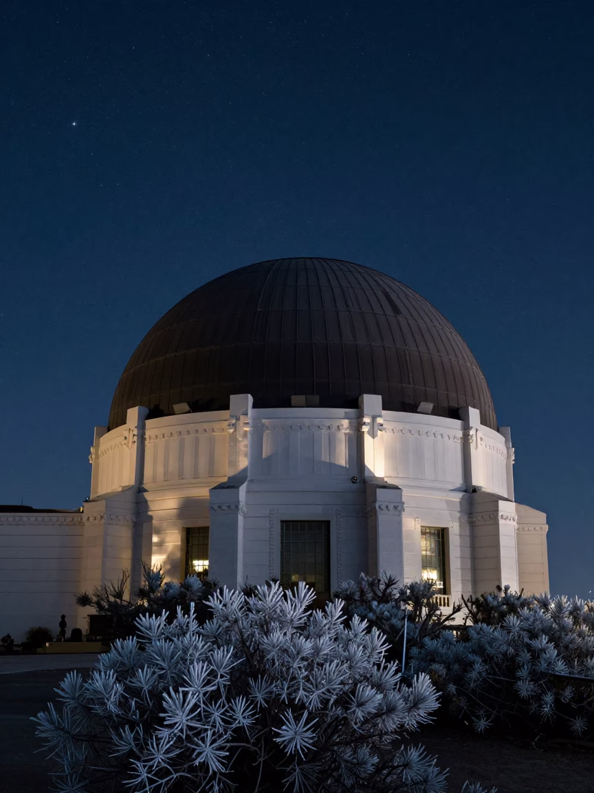 Night Sky Over Los Angeles Observatory Dome Above Frost Silvered Sagebrush in in Los Angeles, California, United States