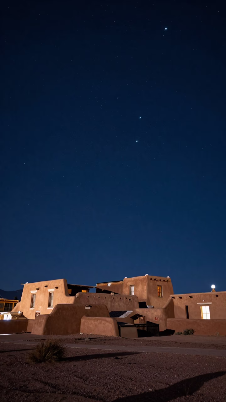 Night Sky Over Santa Fe New Mexico Adobe Architecture and Desert Landscape in in Santa Fe, New Mexico, United States