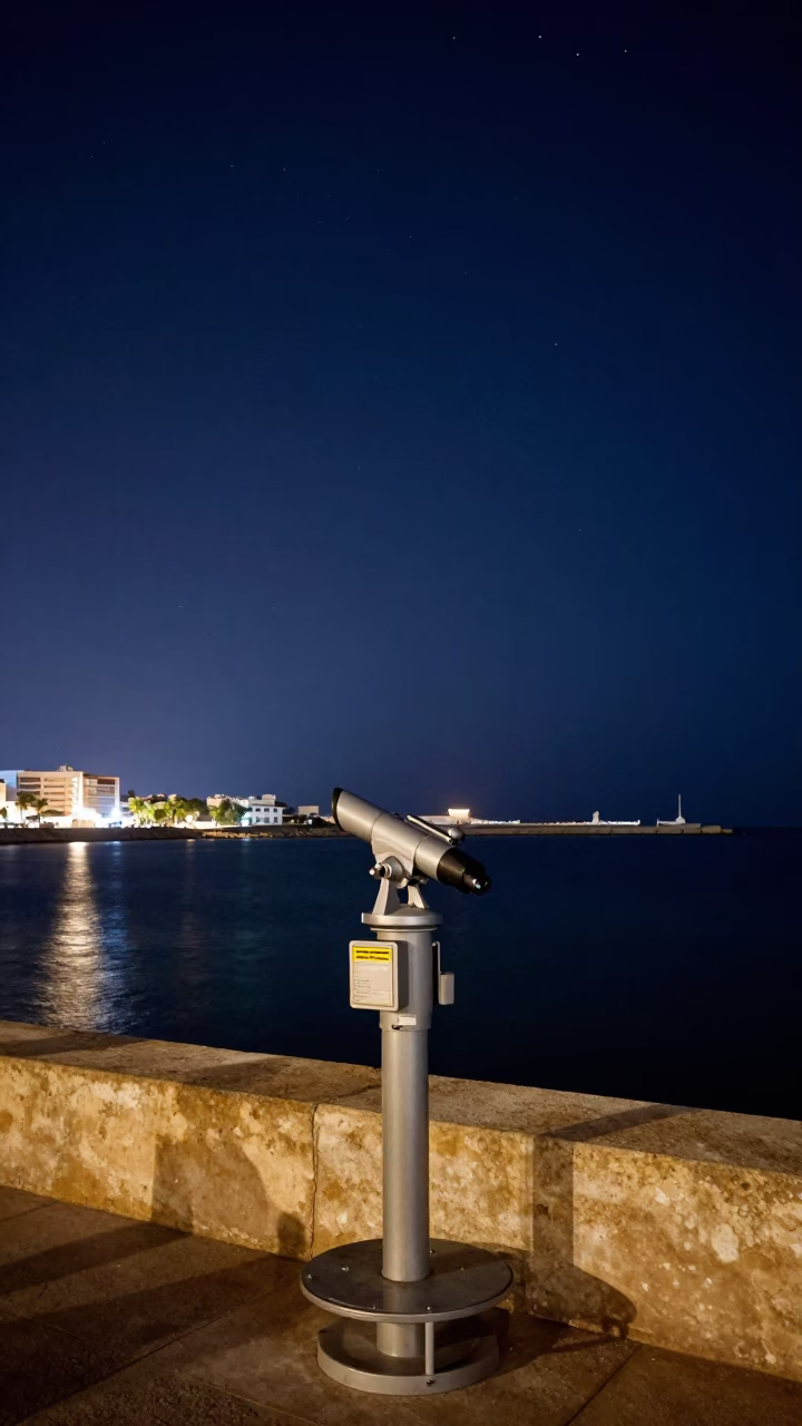 Night Sky Over Valencia Harbor Breakwater with Telescope and Distant City Lights in in Valencia, Spain