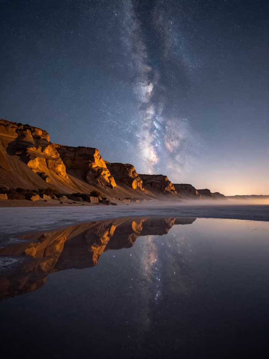 Night Sky Reflected in German Salt Flat in beneath a wind-cut desert escarpment in Germany