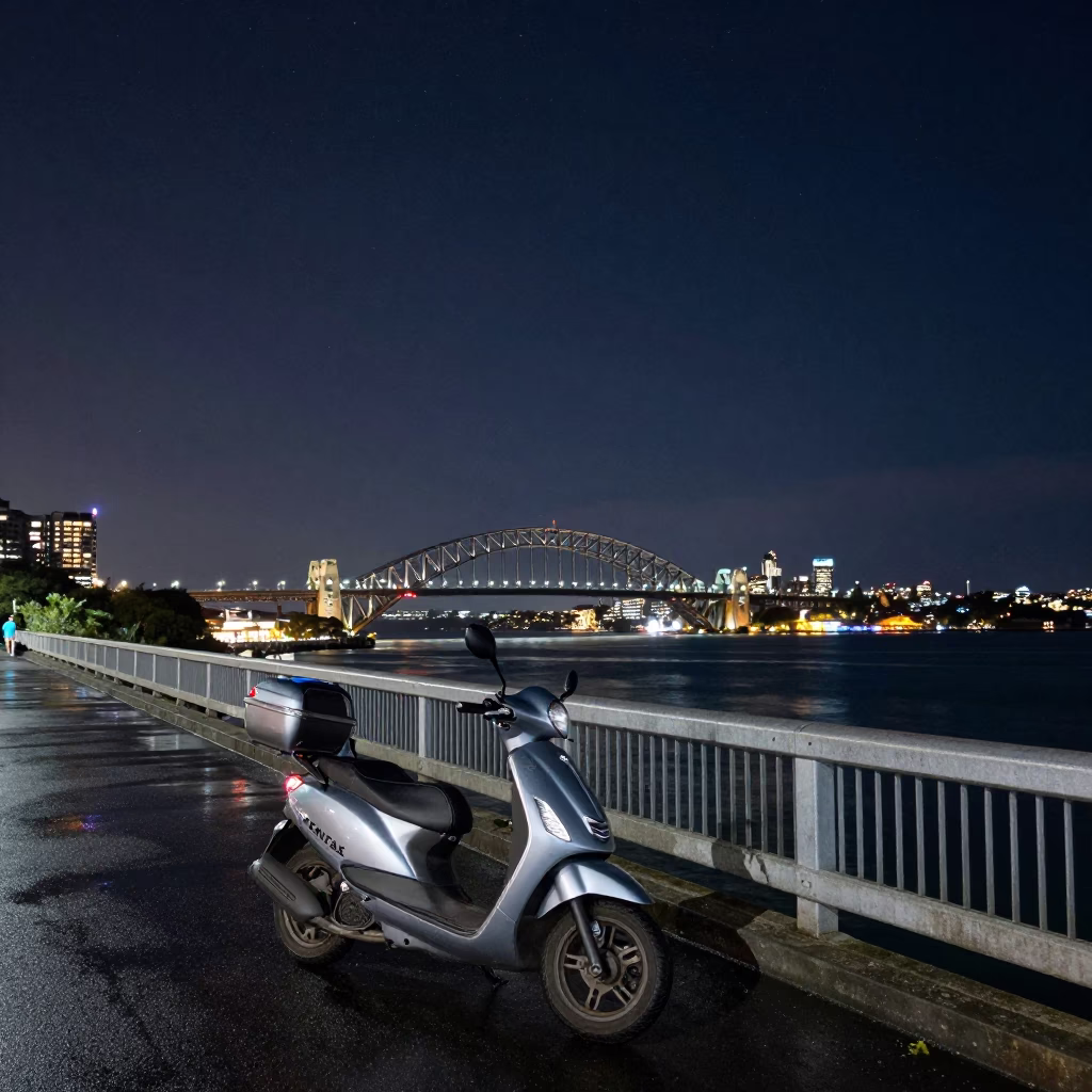 Night Sky View from Auckland Harbour Bridge Promenade with Parked Scooter and City Lights in in Auckland, New Zealand