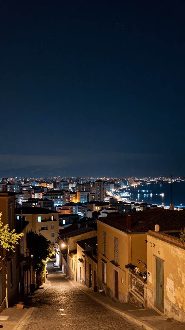 Night Skyline in Naples at The Deepest Night Sky Light in in Naples, Italy