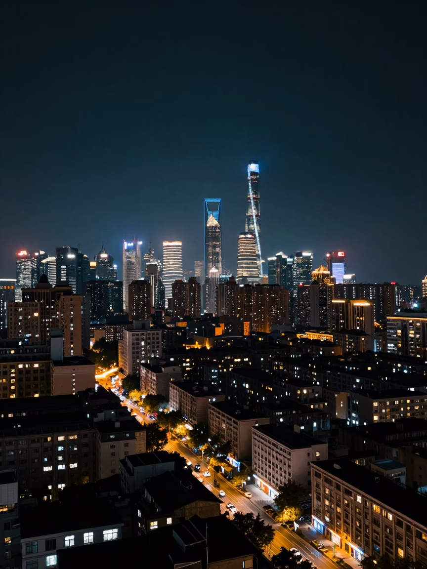Night Skyline in Shanghai at The Deepest Night Sky Light in in Shanghai, China