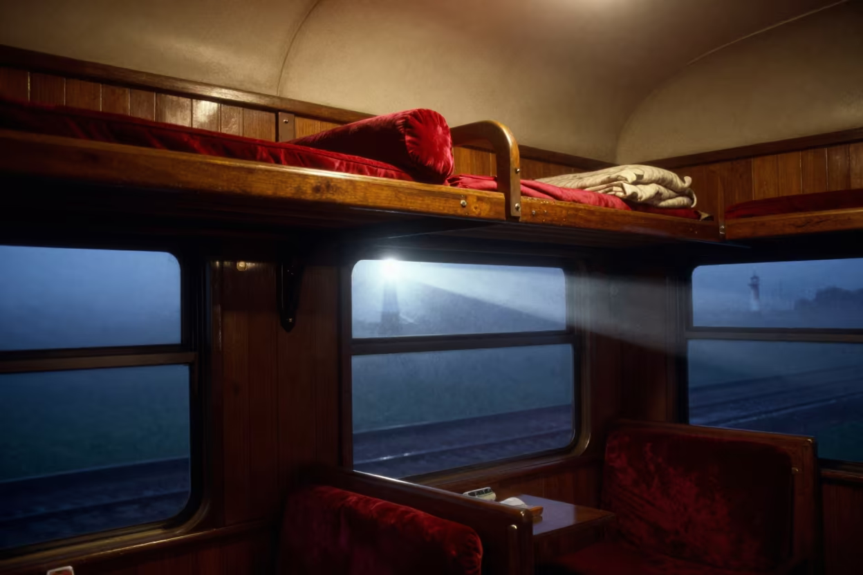 Night Sleeper Car on Beirut Causeway Under Lighthouse Beam in on a wind-open causeway near Beirut