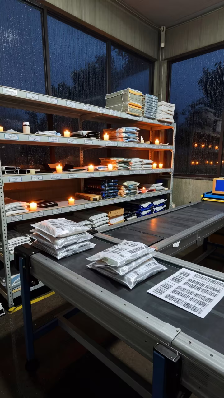 Night Sort Shelf With Candlelight Glow in at a parcel sorting belt in Tiruchirappalli