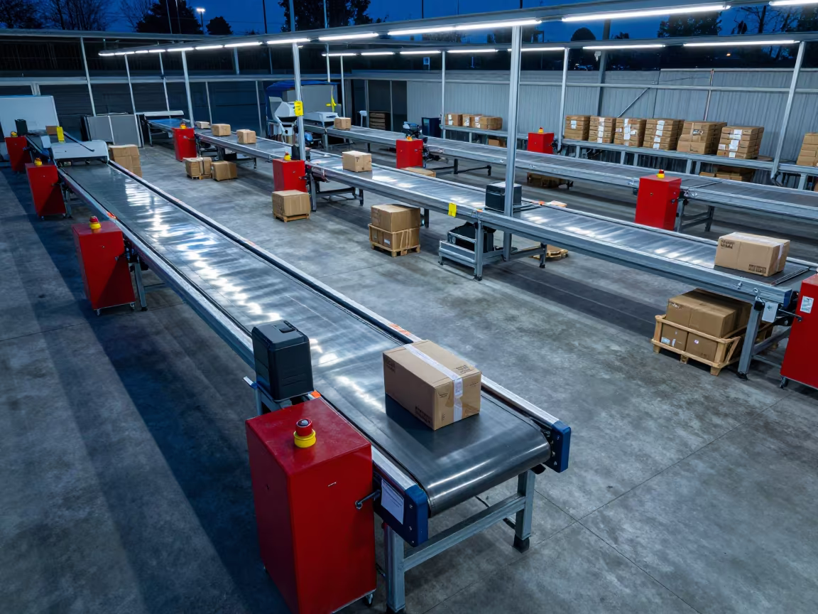 Night Sorting Belt in Dortmund Fulfillment Center in at a fulfillment packing station in Dortmund