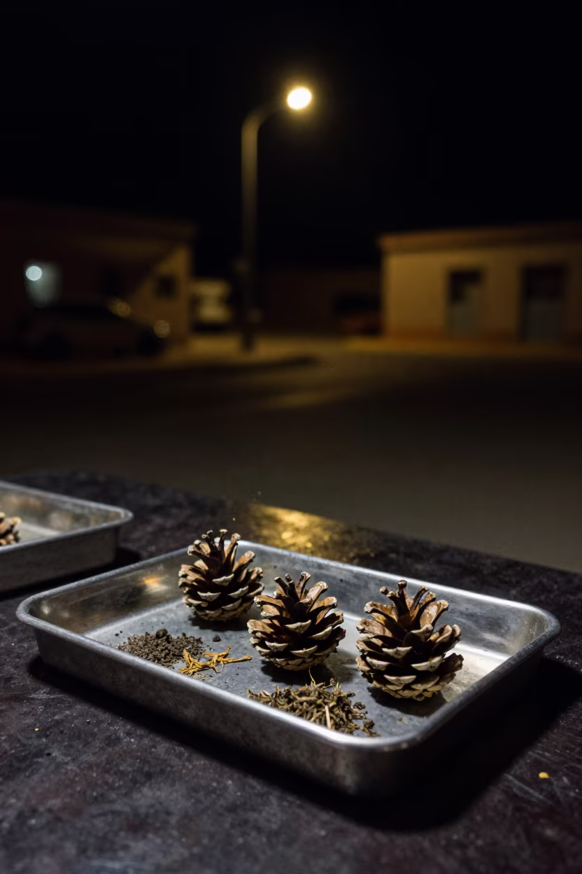 Night Specimen Tray with Tagged Pine Cones and Beetle Frass in Batna in in Batna