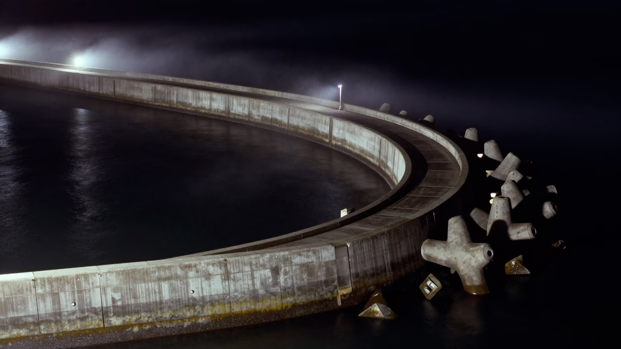Night spiral harbor breakwater with mist in beside a storm surge barrier in Australia