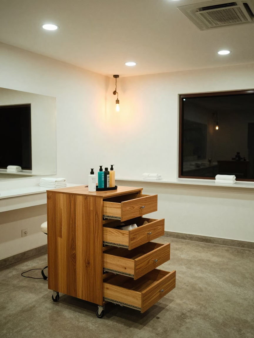 Night Spray Tan Drawer in Bahawalpur Salon in in a beauty supply area under white LEDs in Bahawalpur