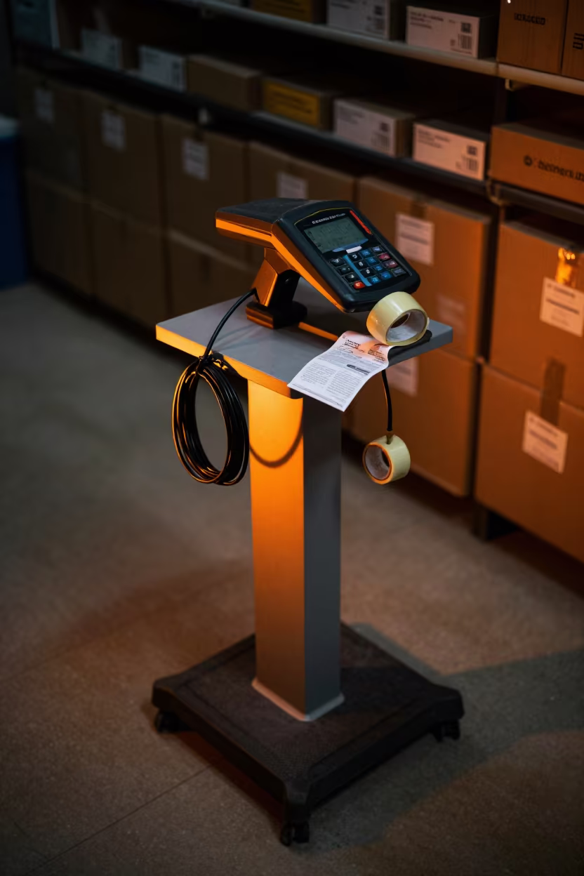 Night stockroom scanner with wire and tape near Lucknow in inside a stockroom behind the sales floor near Lucknow