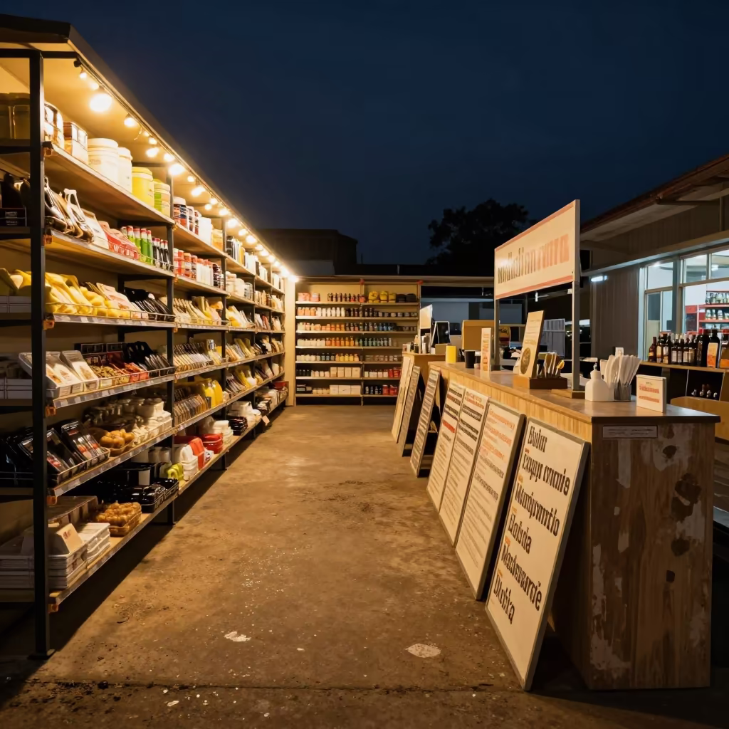 Night Storefront Setup with String Lights Makurdi in inside a storefront prepared for opening in Makurdi