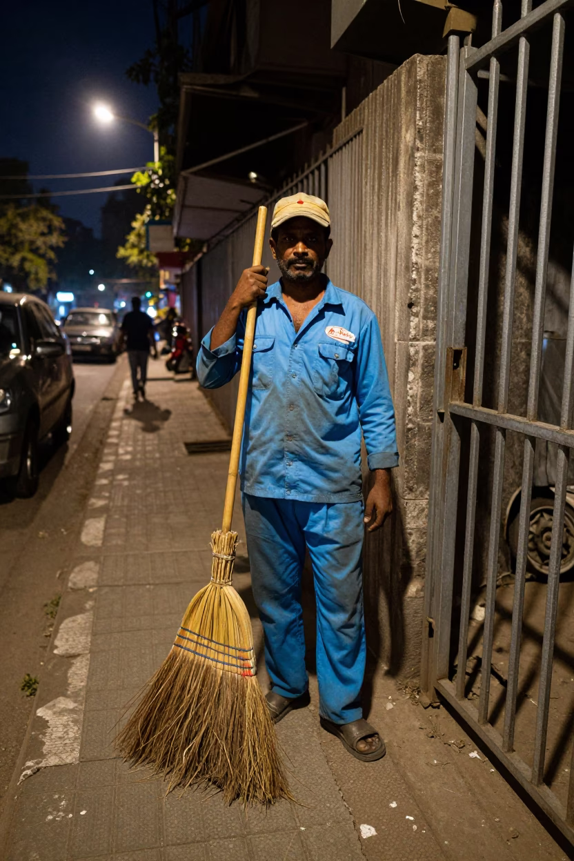 Night Street Cleaner with Broom and Lantern in Delhi India Midnight in in Delhi, India