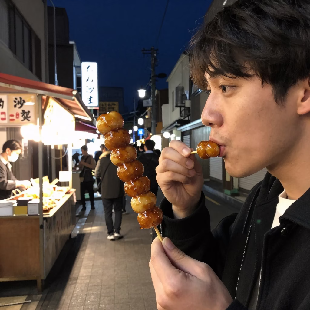Night street food scene in Fukuoka Japan with dango skewer and wooden spoon in in Fukuoka, Japan