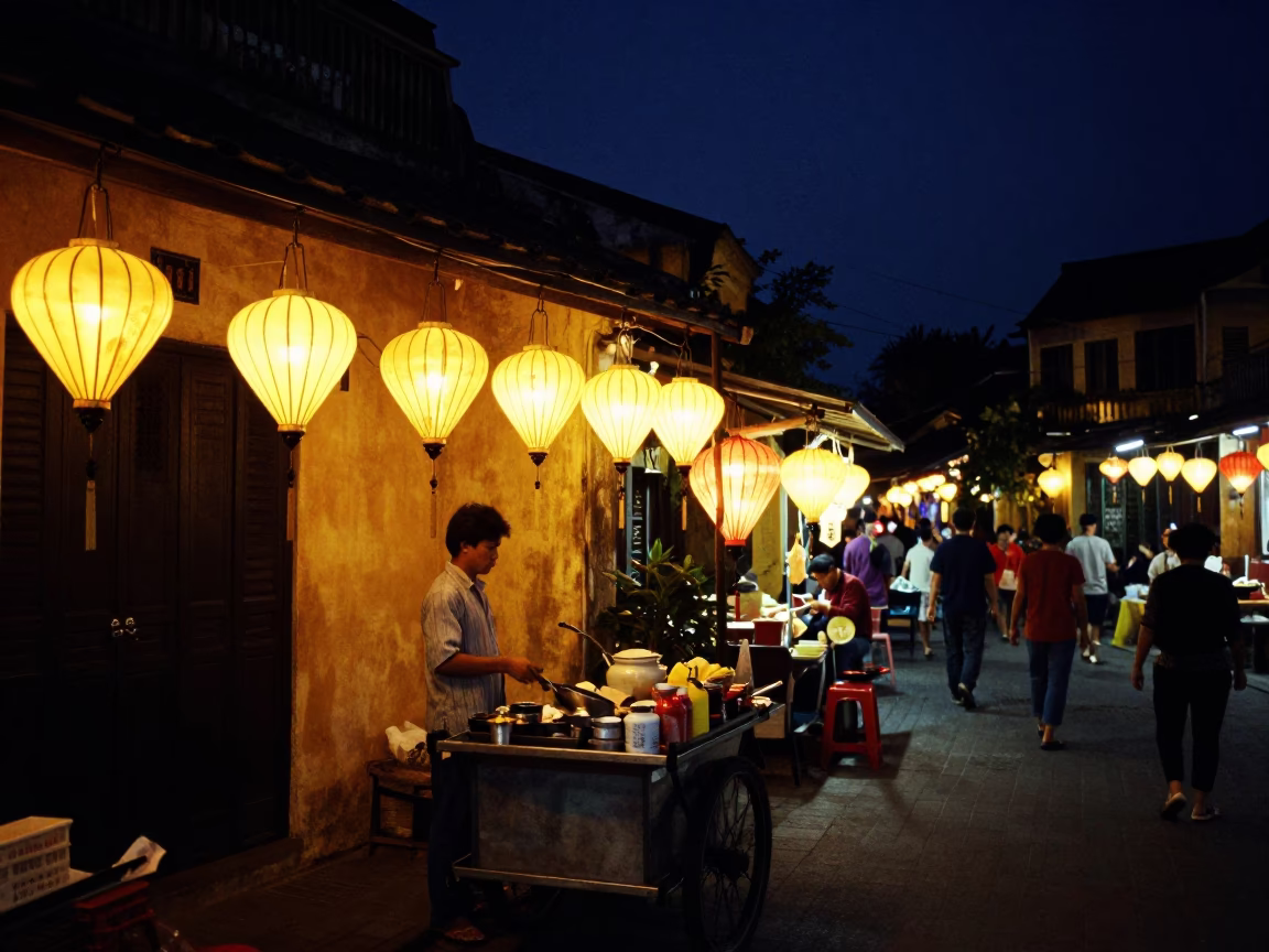 Night Street Food Scene in Hoi An Vietnam with Lanterns and Local Dining in in Hoi An, Vietnam