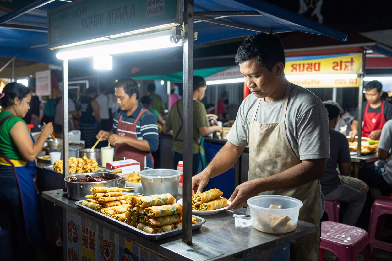 Night Street Food Scene in Surabaya Indonesia with Lumpia and Suya Skewers in in Surabaya, Indonesia