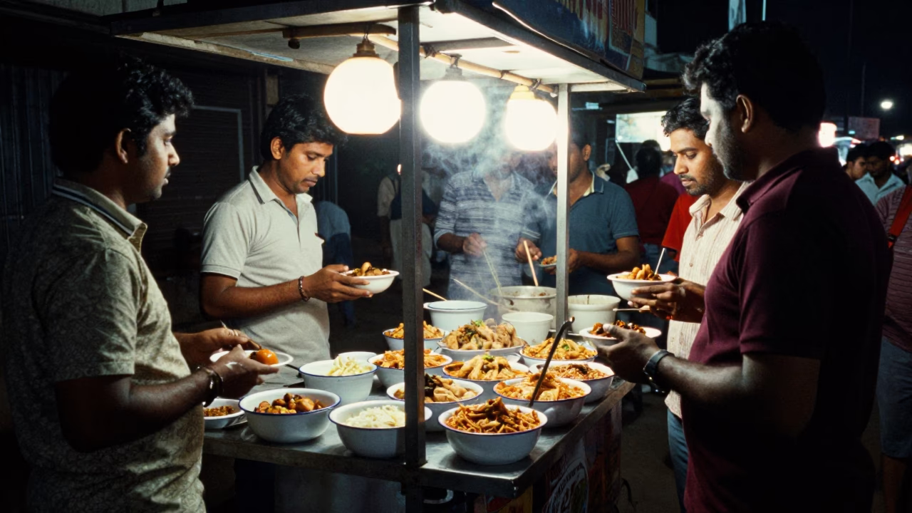 Night Street Food Stall in Chennai India with Enamel Bowls and Umbrellas in in Chennai, India