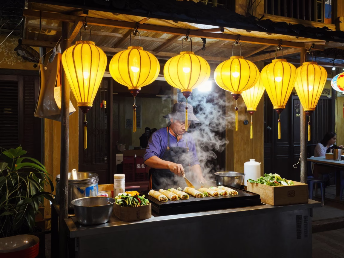 Night Street Food Stall in Hoi An Vietnam with Yellow Lanterns and Local Diners in in Hoi An, Vietnam