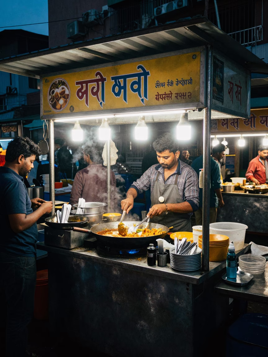 Night Street Food Stall in Hyderabad India with Skillet and Cutlery in in Hyderabad, India