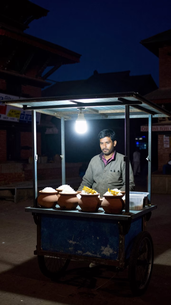 Night Street Food Stall in Kathmandu Nepal with Clay Pot Rice and Chinese Sausage in in Kathmandu, Nepal