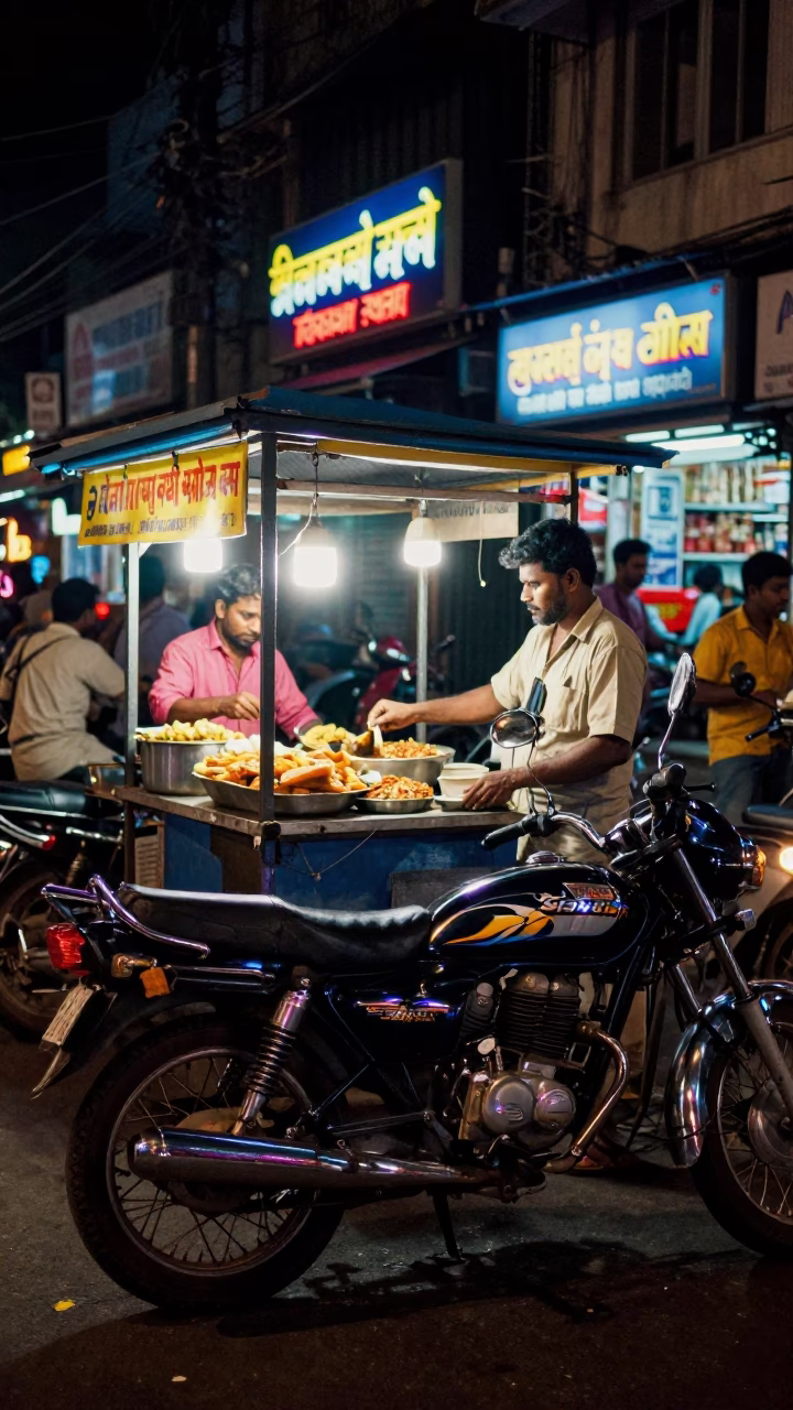 Night street food stall in Mumbai India with motorcycle and brooch detail in in Mumbai, India