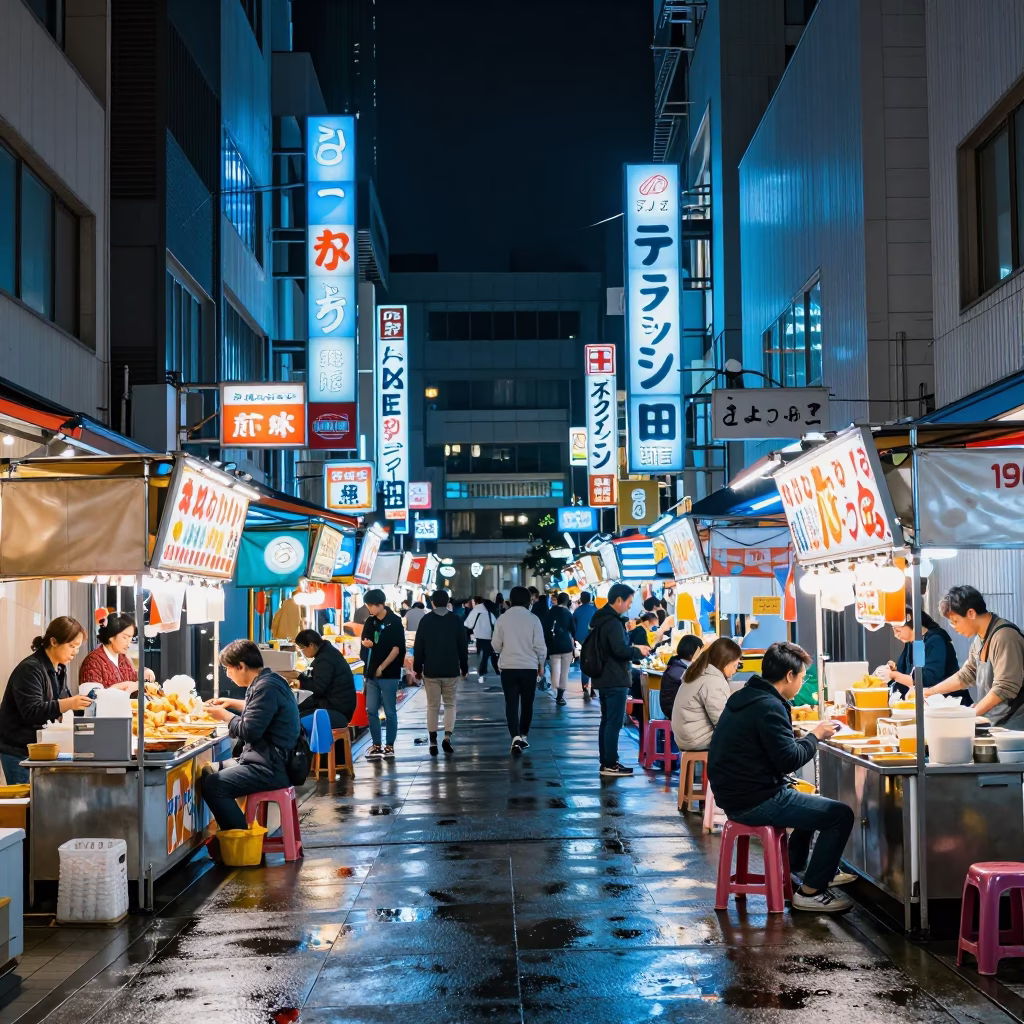 Night street food stall in Osaka Japan with neon lights and diners eating in in Osaka, Japan