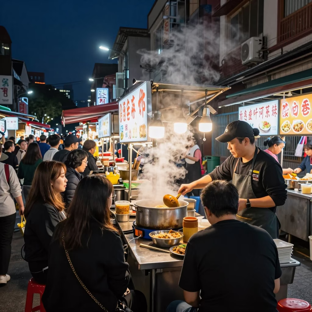 Night street food stall in Tainan Taiwan with steam and neon lights in in Tainan, Taiwan