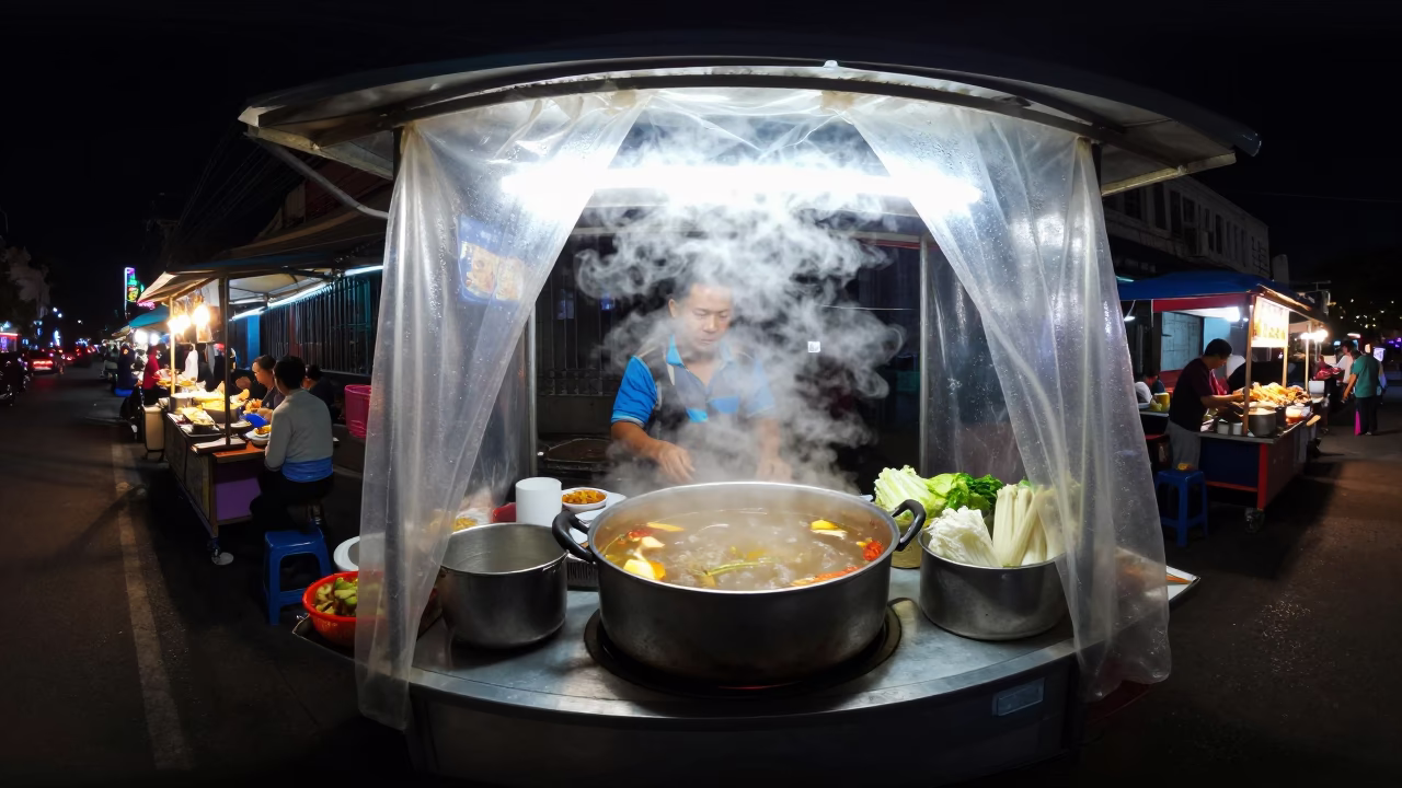 Night Street Food Stall with Steam and Neon in Phnom Penh Cambodia in in Phnom Penh, Cambodia