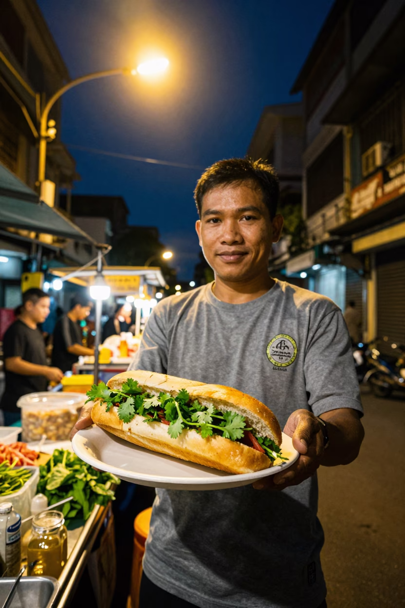 Night Street Food Vendor in Ho Chi Minh City Serving Banh Mi Under Streetlights in in Ho Chi Minh City, Vietnam