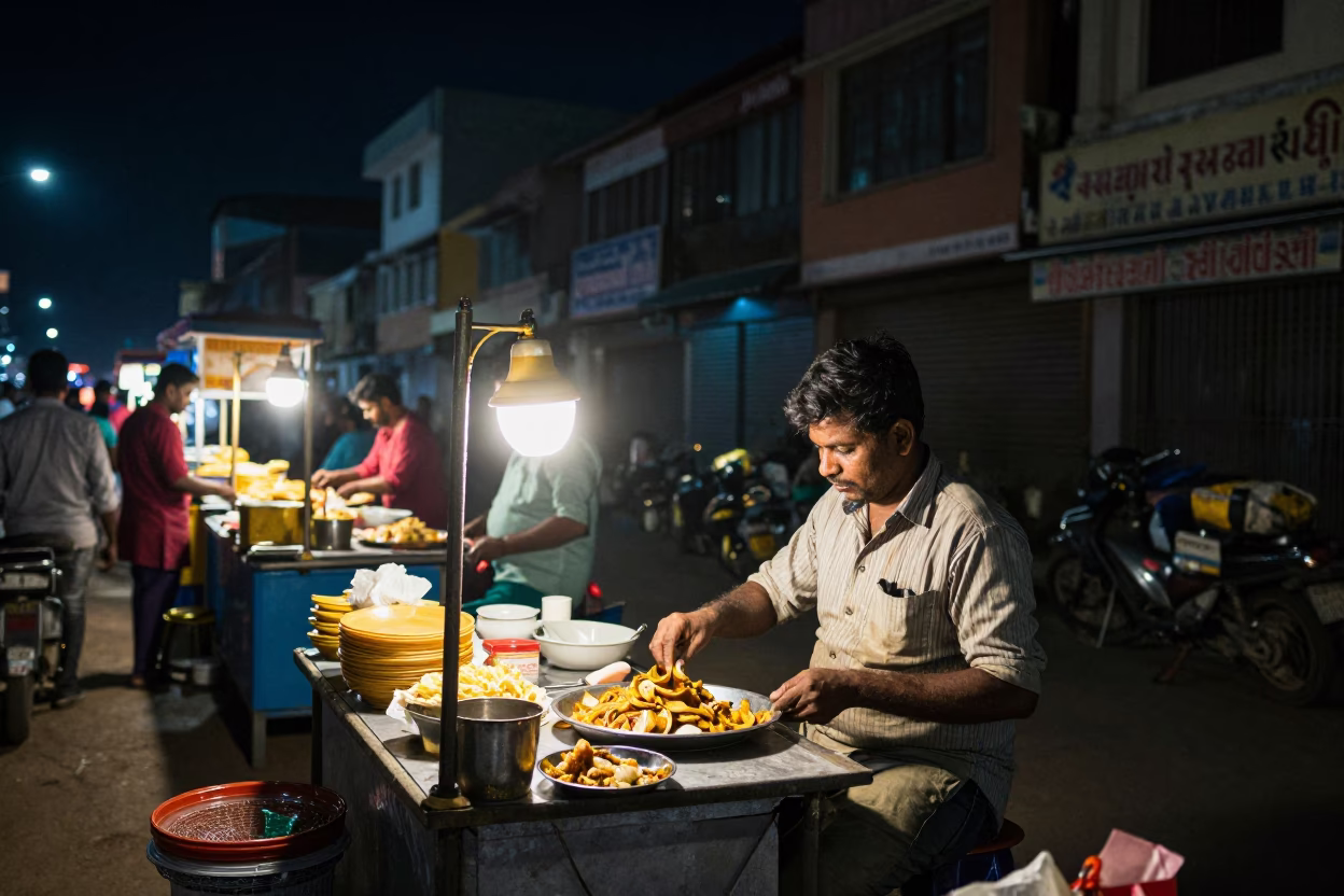 Night Street Food Vendor in Hyderabad India Illuminated by Table Lamp with Cooking Utensils in in Hyderabad, India
