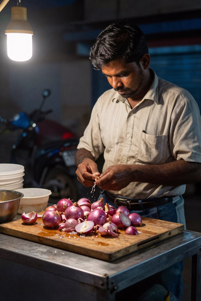 Night Street Food Vendor in Hyderabad India Preparing Onions with Soap Bottle Nearby in in Hyderabad, India