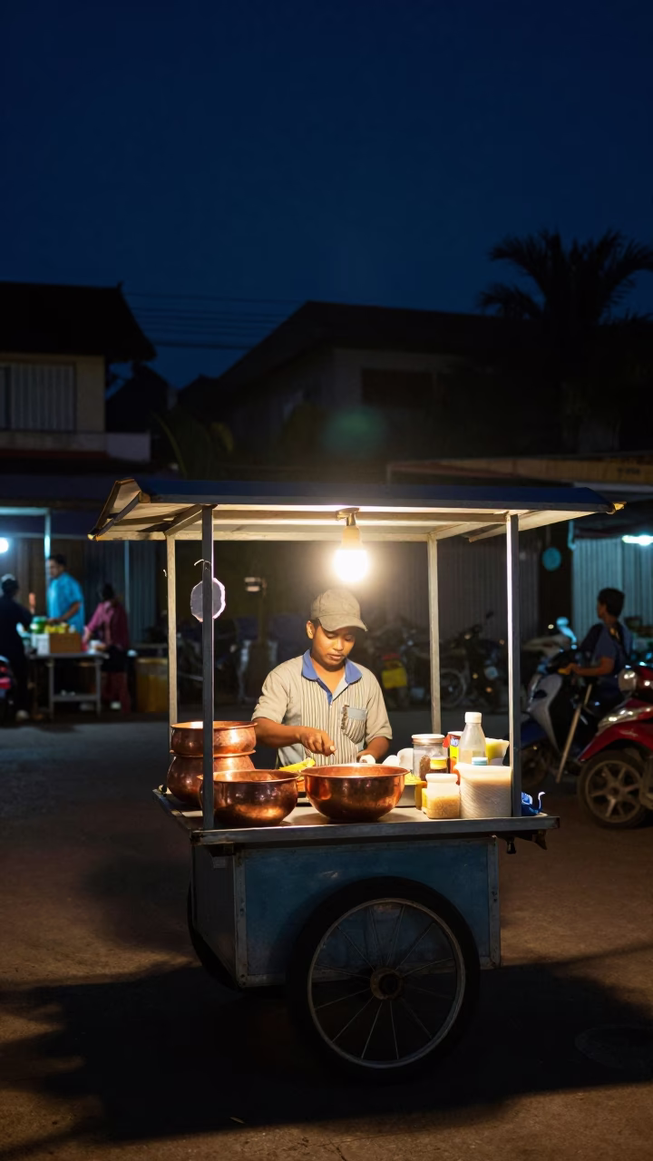 Night Street Food Vendor in Phnom Penh Cambodia with Copper Bowls and Cooking Pot in in Phnom Penh, Cambodia