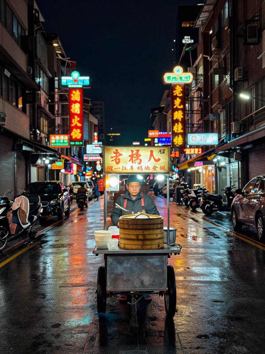 Night Street Food Vendor in Taipei Taiwan with Bamboo Steamer and Stool in in Taipei, Taiwan