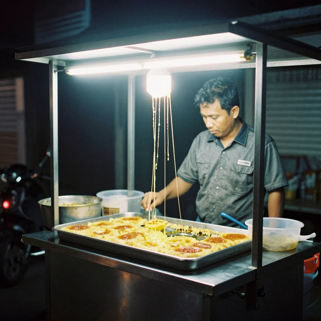 Night Street Food Vendor in Yogyakarta Indonesia with Kunafa and Melting Cheese in in Yogyakarta, Indonesia