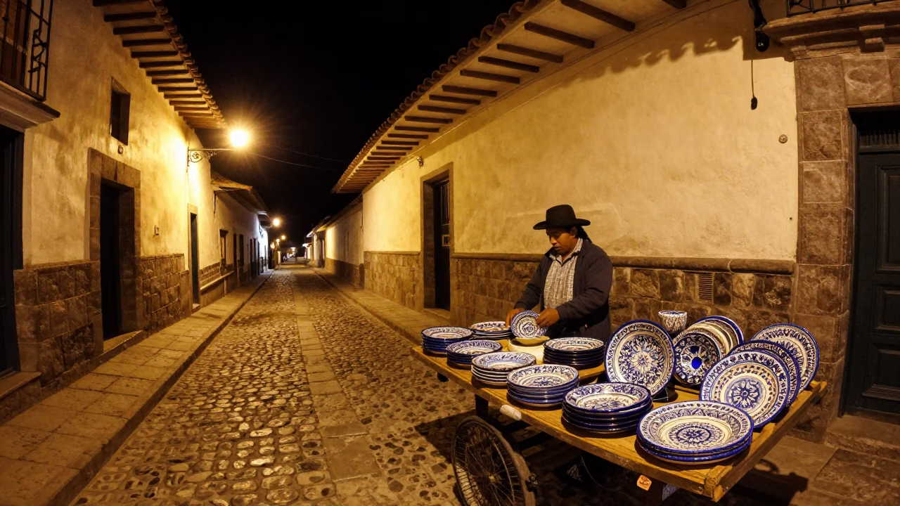 Night Street in Cusco Peru with Vintage Majolica Plate and Glass Pitcher Condensation in in Cusco, Peru